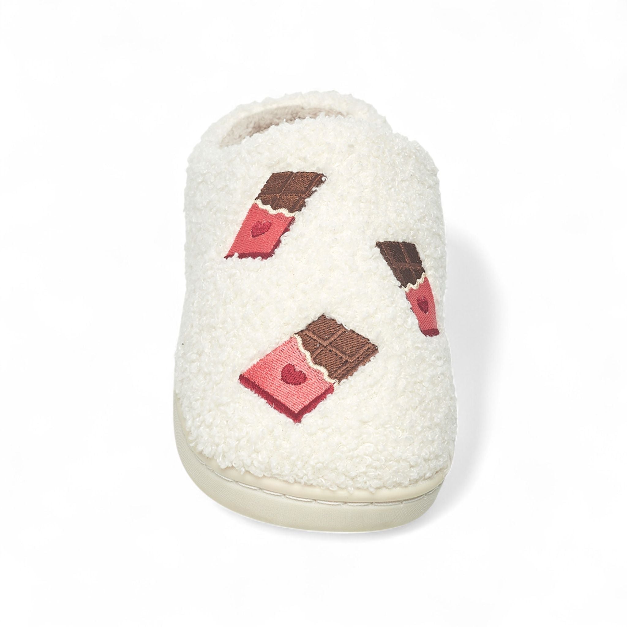 Aéropostale Women’s Fuzzy Chocolate Bar Mule Slippers – Ivory Slip-On House Shoes with Sweet Embroidered Candy Bars & Hearts