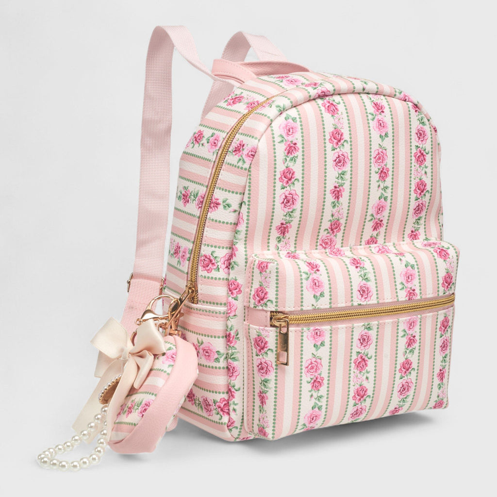 A Little Obsessed Girl's Floral Garden Party Backpack Set with Matching Coin Purse & Pearl Keychain – Cute Mini Backpack for Kids