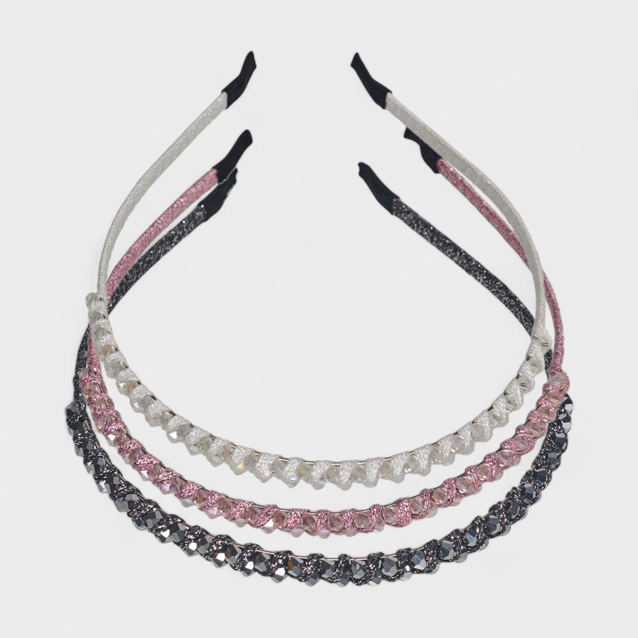 Hair Essentials Women's 3-Pack Rhinestone Headbands for Women - Sparkling Crystal Braided Headbands - Pink, White, and Black Colors