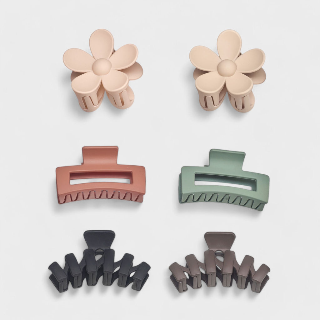 Hair Essentials Women's Hair Clip Set - Flower, Rectangle, and Modern Claw Clips in Neutral Colors, (6-Piece or 18-Piece Packs)