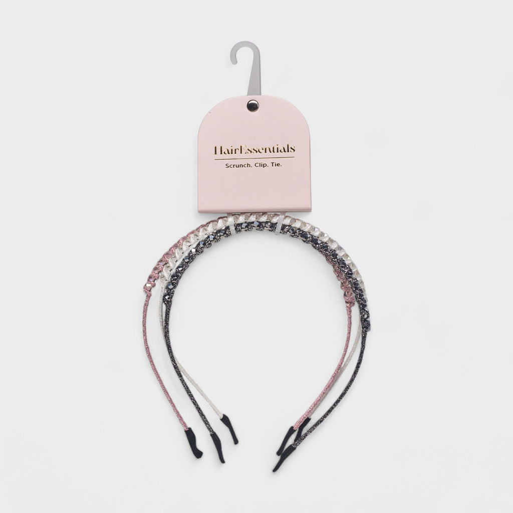 Hair Essentials Women's 3-Pack Rhinestone Headbands for Women - Sparkling Crystal Braided Headbands - Pink, White, and Black Colors