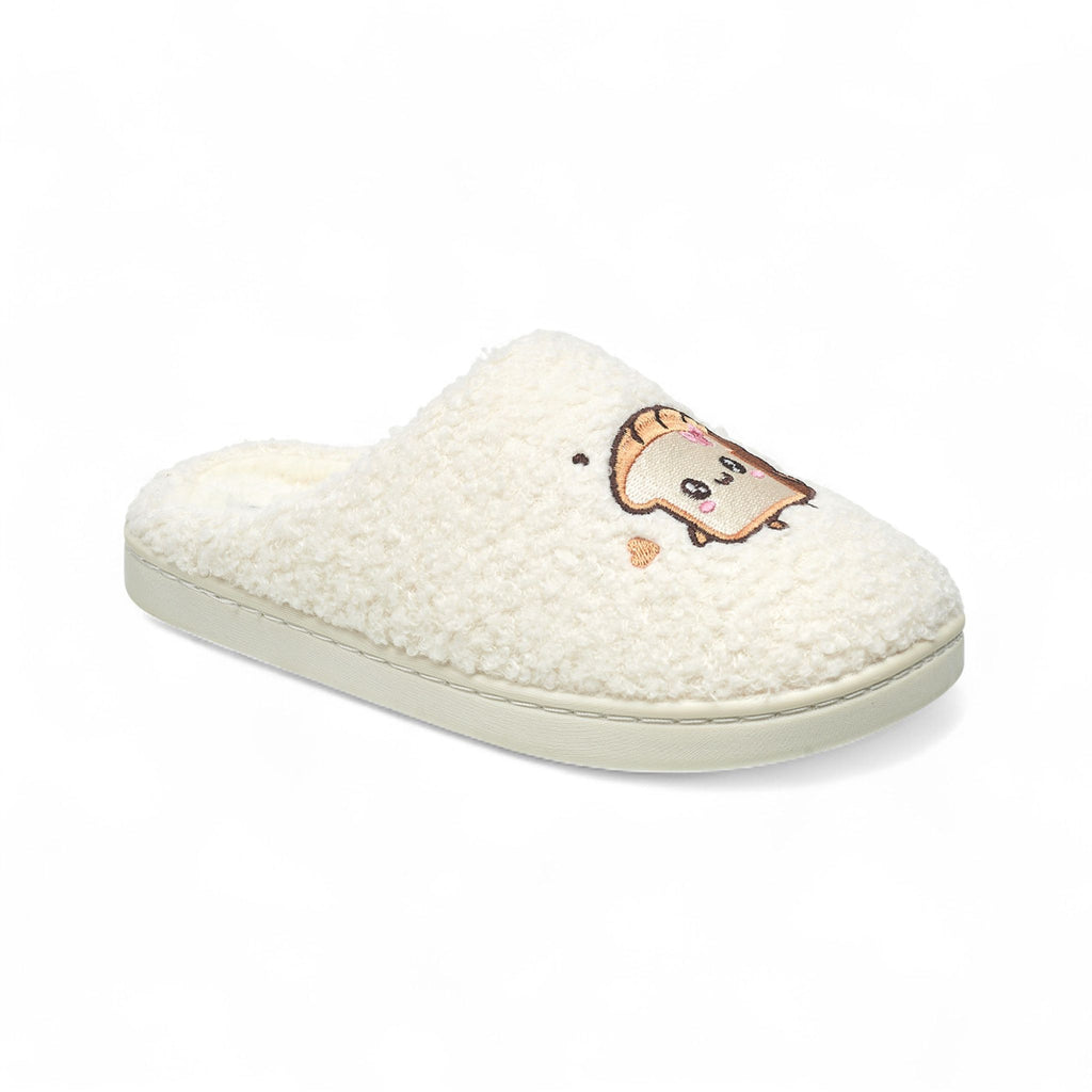 Aéropostale Women’s Fuzzy “Kawaii Toast” Mule Slippers – Ivory Slip-On House Shoes with Cute Bread Slice Embroidery, Plush Lining in Small