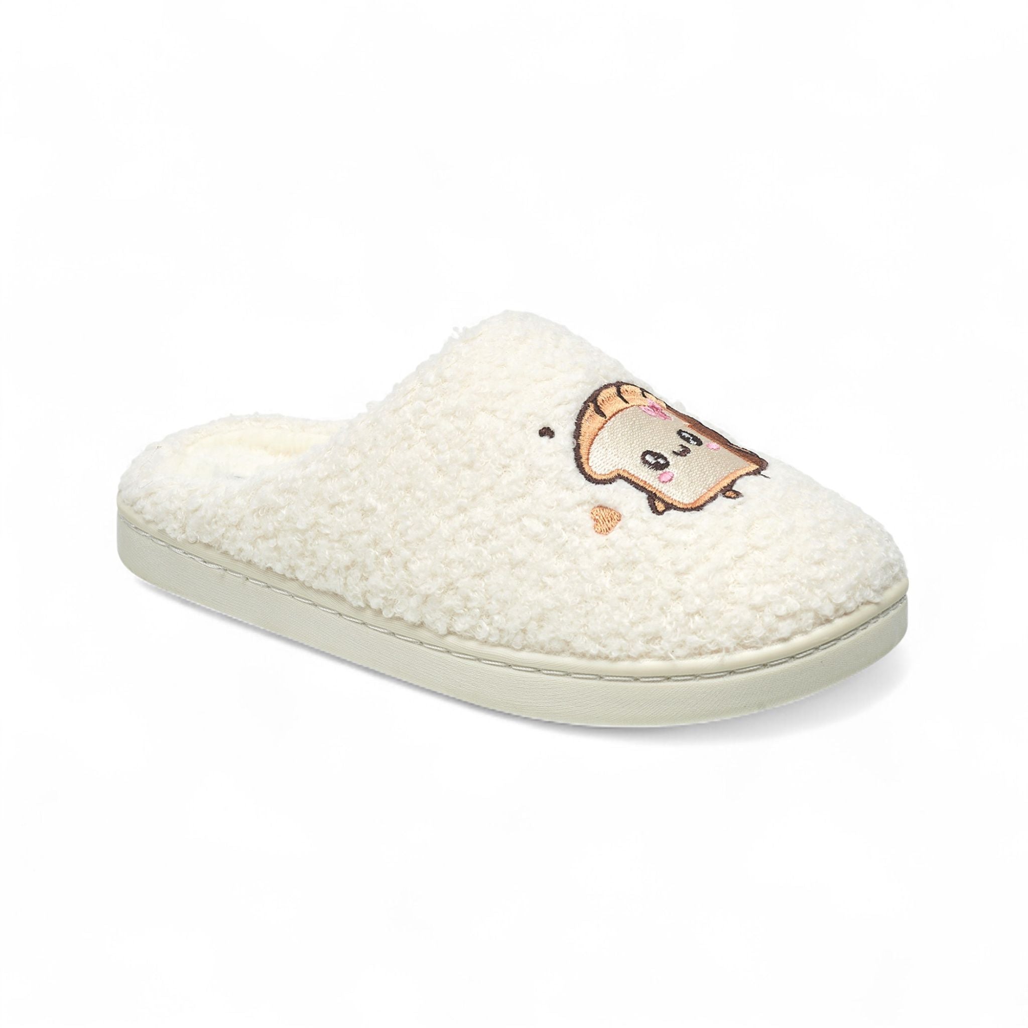 Aéropostale Women’s Fuzzy “Kawaii Toast” Mule Slippers – Ivory Slip-On House Shoes with Cute Bread Slice Embroidery, Plush Lining in Small