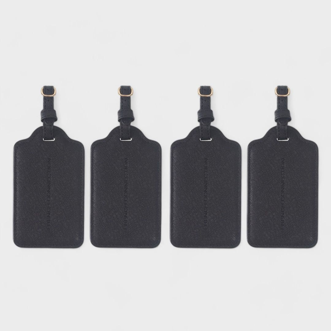 French Connection 4-Pack Premium Luggage Tags - Durable Faux Leather Travel ID Labels with Secure Buckle