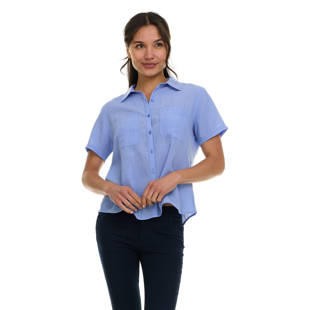 Super Triple Goose Women’s Short Sleeve Linen Shirt – Lightweight Button-Up Collared Blouse with Front Pockets