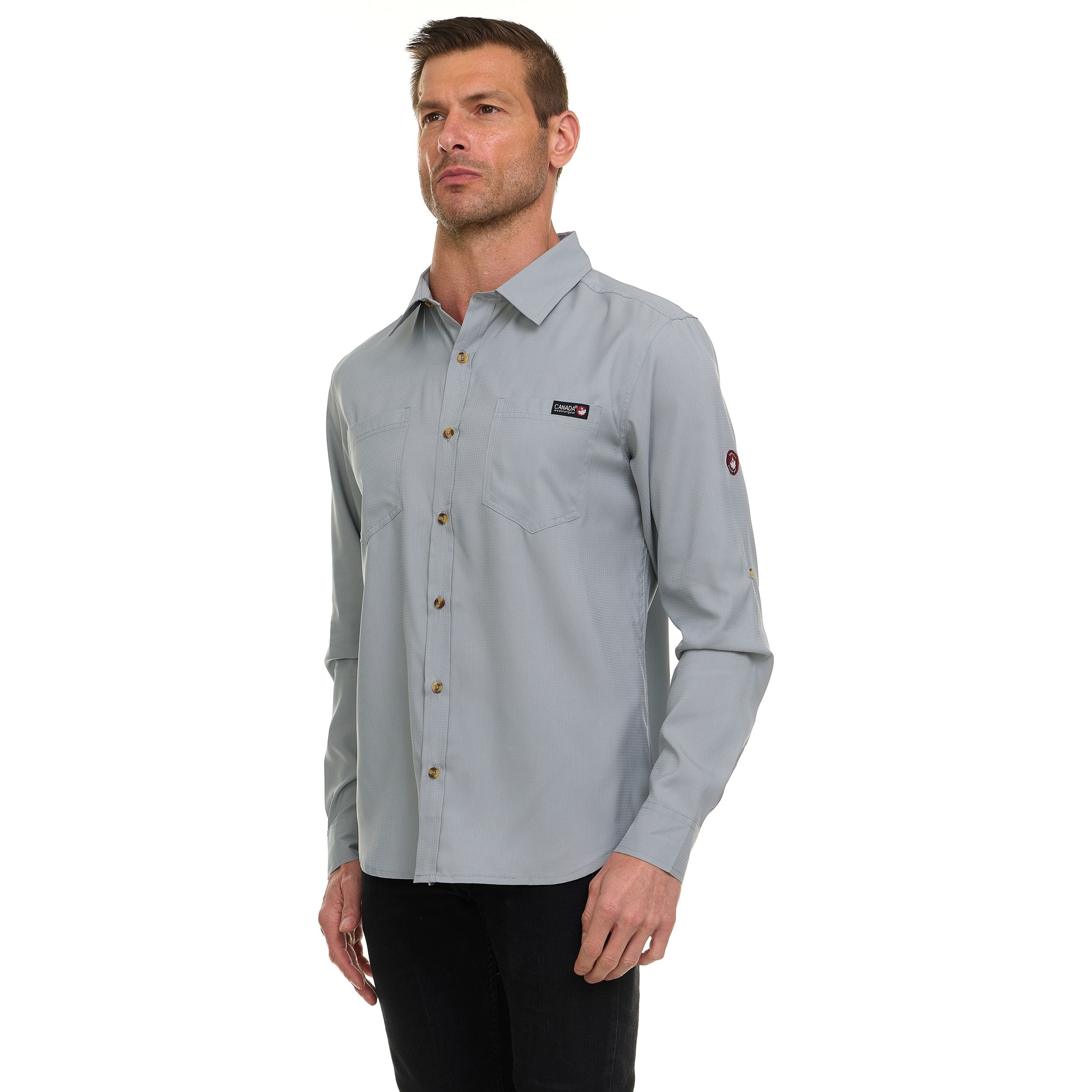 Canada Weather Gear Men’s Long Sleeve Ripstop Shirt – Roll-Up Sleeves, Dual Chest Pockets, Outdoor Lightweight Button-Down