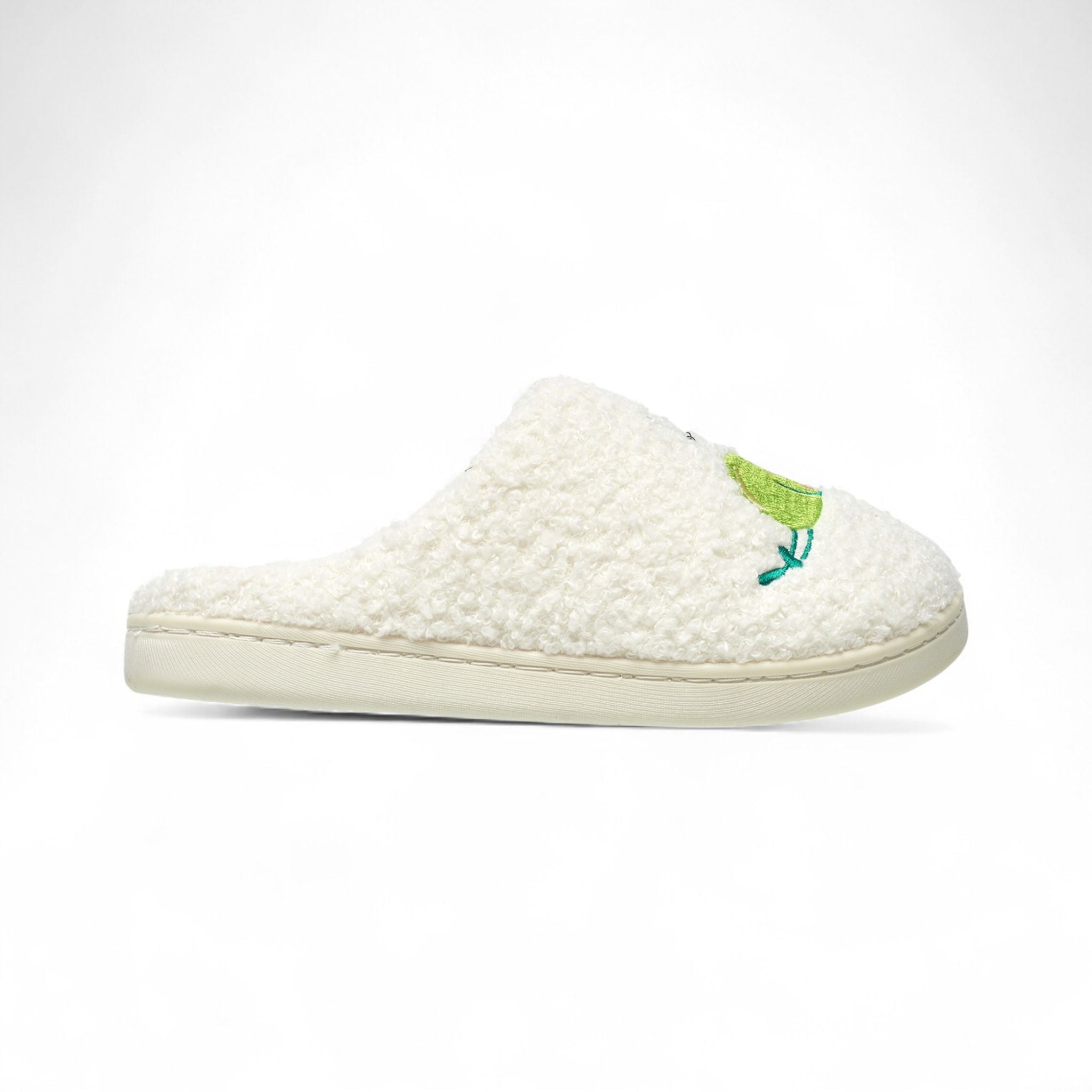 Aéropostale Women’s Fuzzy “Snoozing Pea” Mule Slippers – Ivory Slip-On House Shoes with Green Sleeping Pea & “Zzz” Embroidery