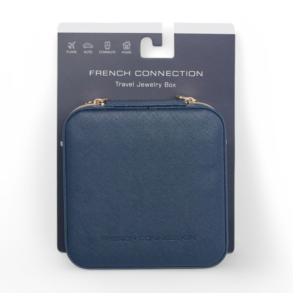 French Connection Large Travel Jewelry Box Organizer with Mirror – Faux Leather Storage for Rings, Earrings, Necklaces & Bracelets