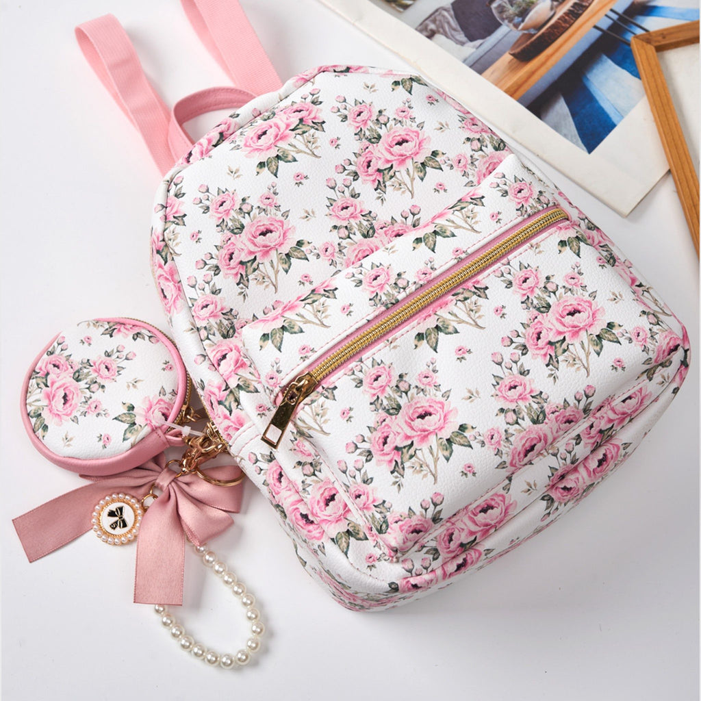 A Little Obsessed Girl's Floral Garden Party Backpack Set with Matching Coin Purse & Pearl Keychain – Cute Mini Backpack for Kids