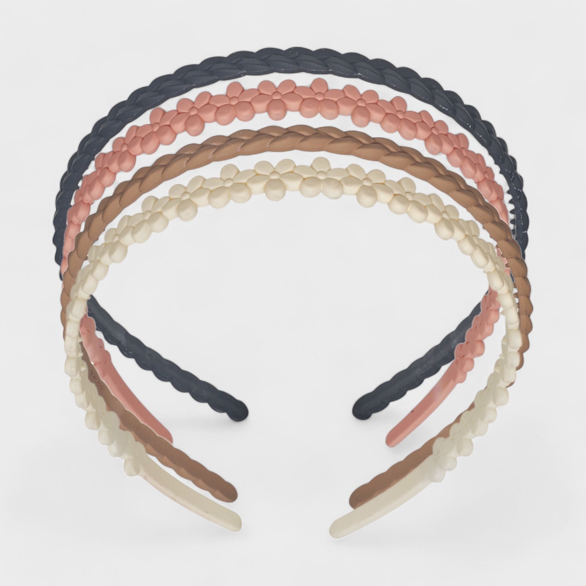 Hair Essentials Women's 4-Pack Decorative Headband Set for Women, Braided & Floral Design, Comfortable & Non-Slip, Beige, Brown, Pink, and Black