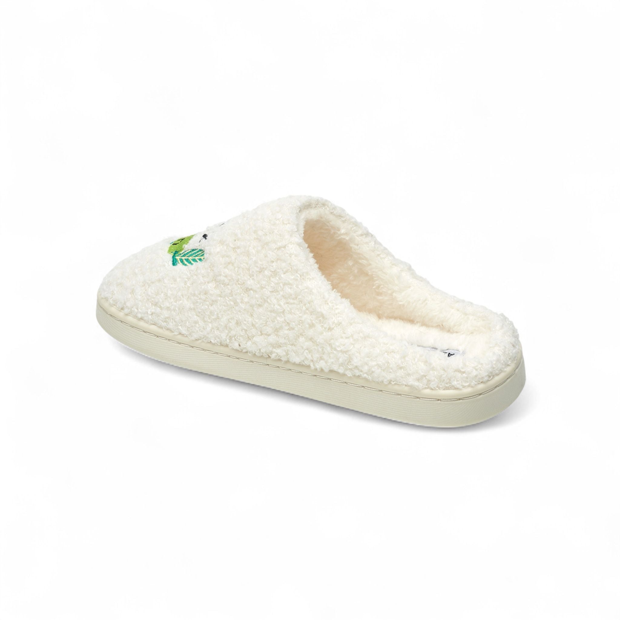 Aéropostale Women’s Fuzzy “Snoozing Pea” Mule Slippers – Ivory Slip-On House Shoes with Green Sleeping Pea & “Zzz” Embroidery