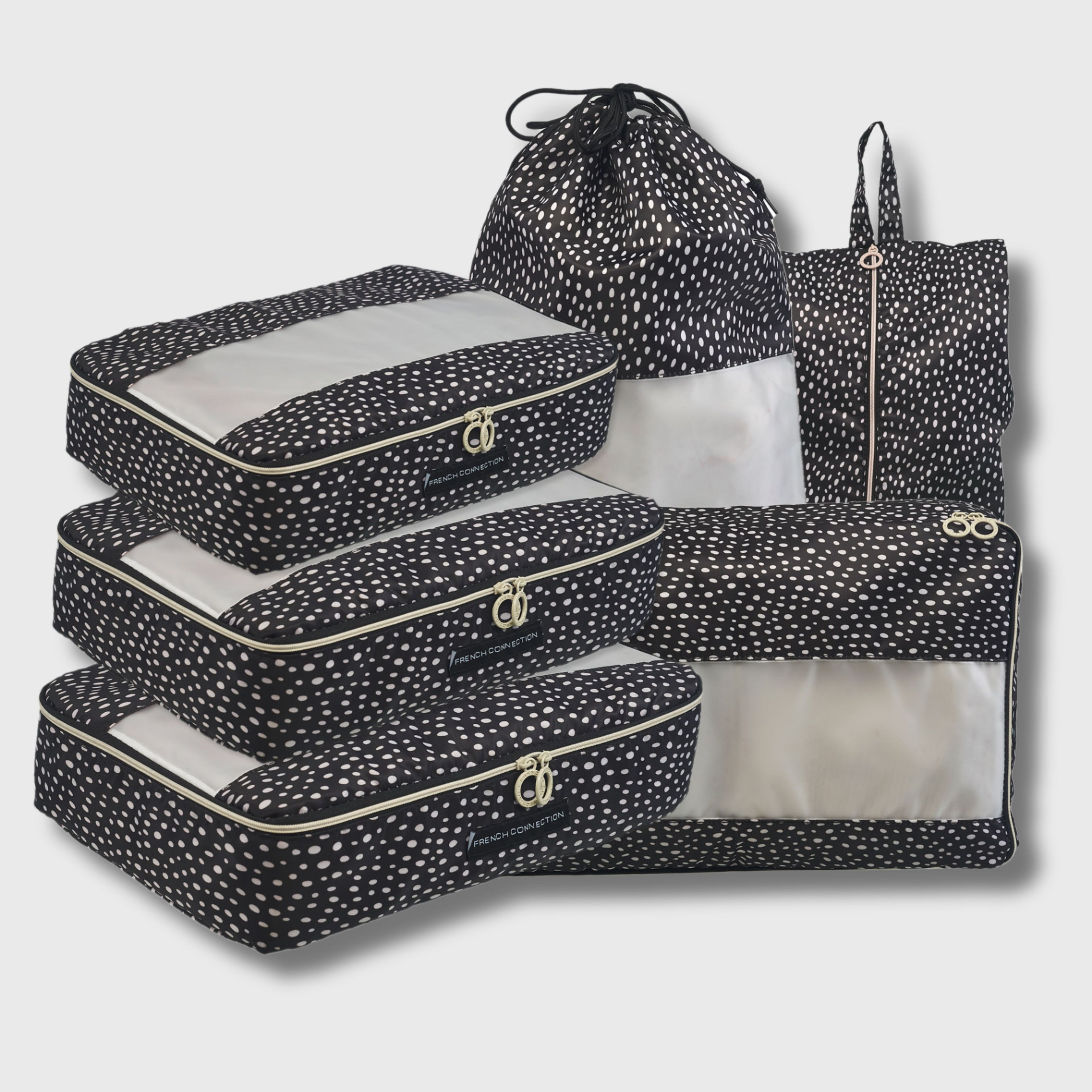 French Connection 6pc Packing Cube Set - Travel Storage Set (Polka Dot)