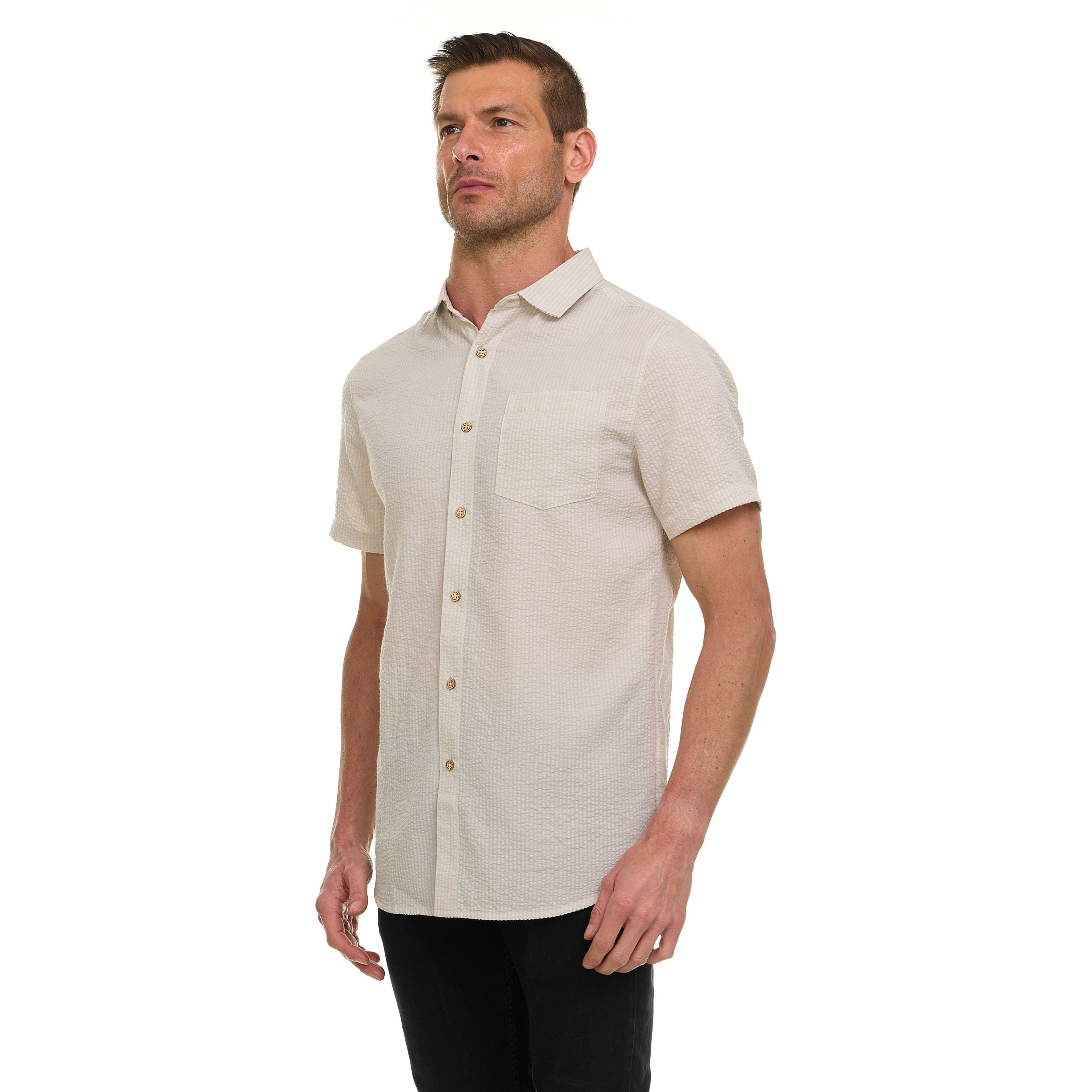 Canada Weather Gear Men’s Seersucker Button-Down Shirt – Short Sleeve Solid Textured Short Sleeve Shirt with Chest Pocket