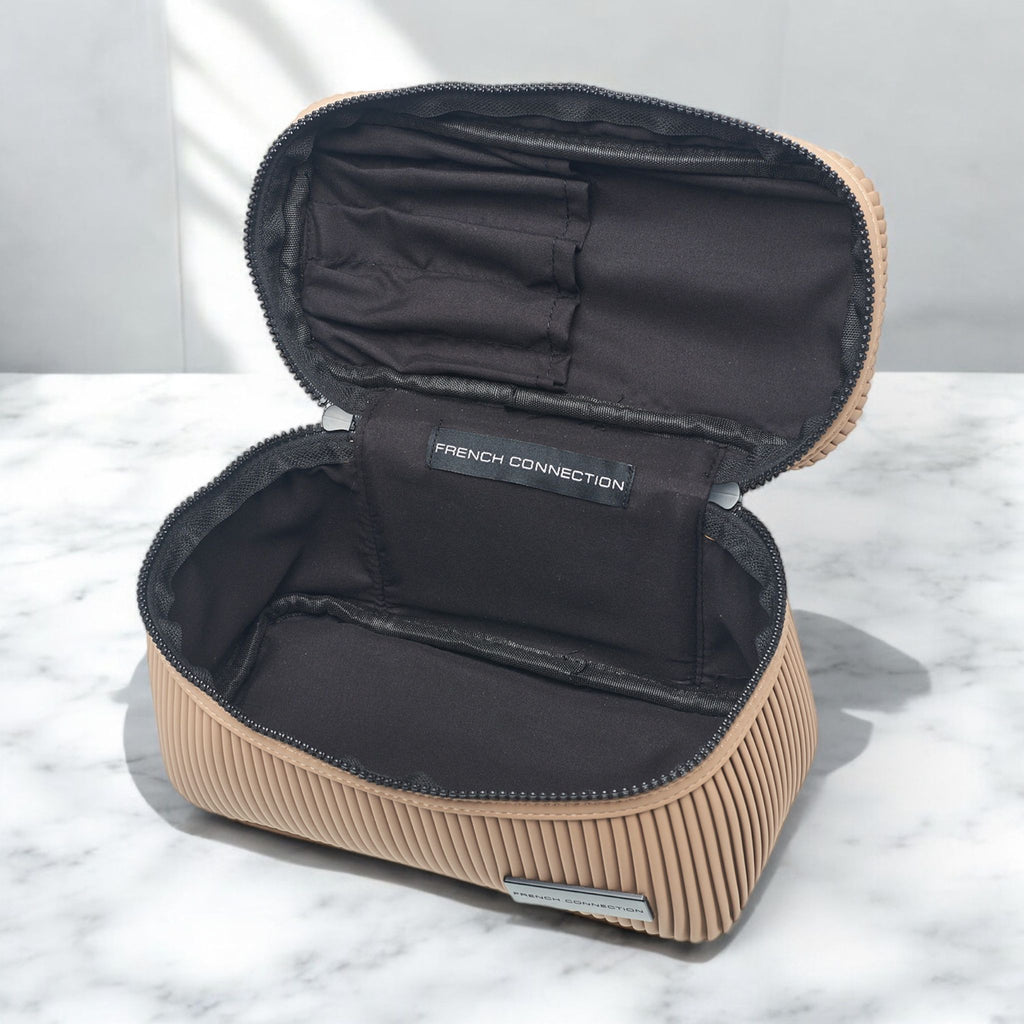 French Connection Ribbed Cosmetic Organizer Bag with Handle – Water Resistant Travel Cosmetic Case - Tan