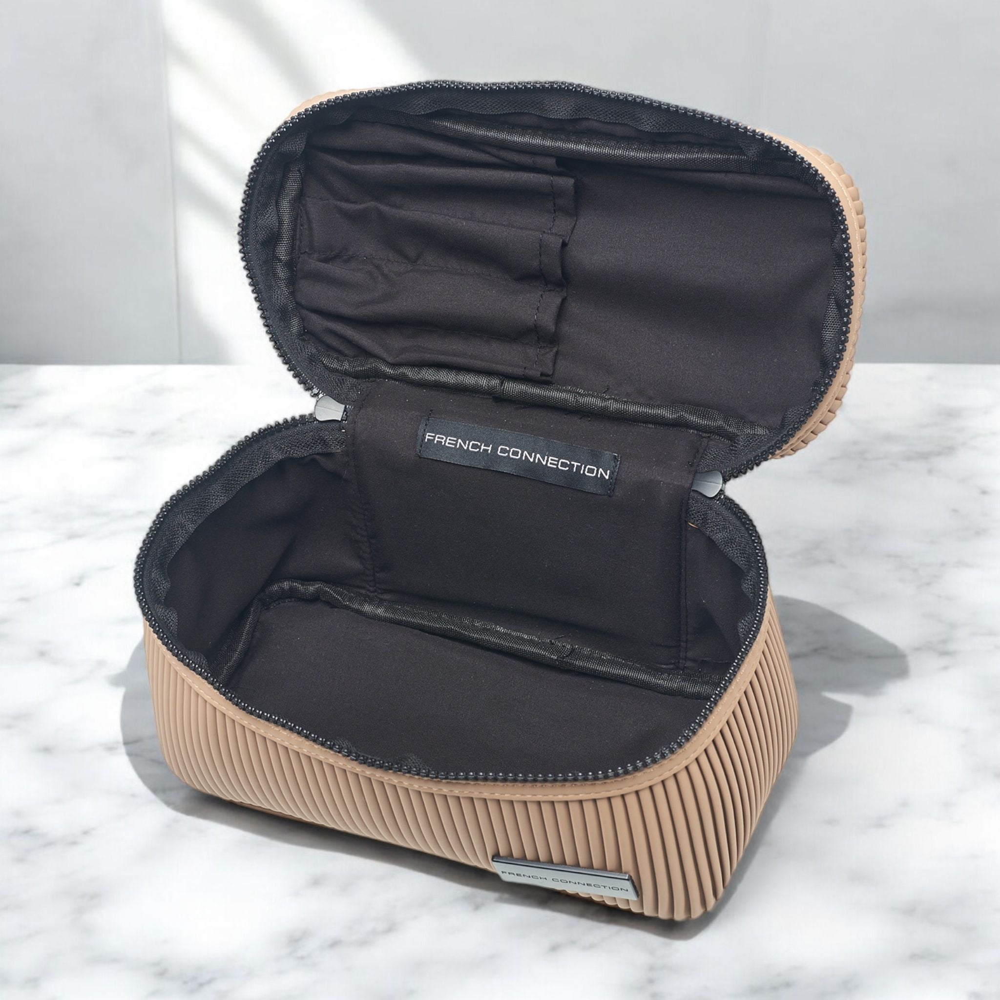 French Connection Ribbed Cosmetic Organizer Bag with Handle – Water Resistant Travel Cosmetic Case - Tan