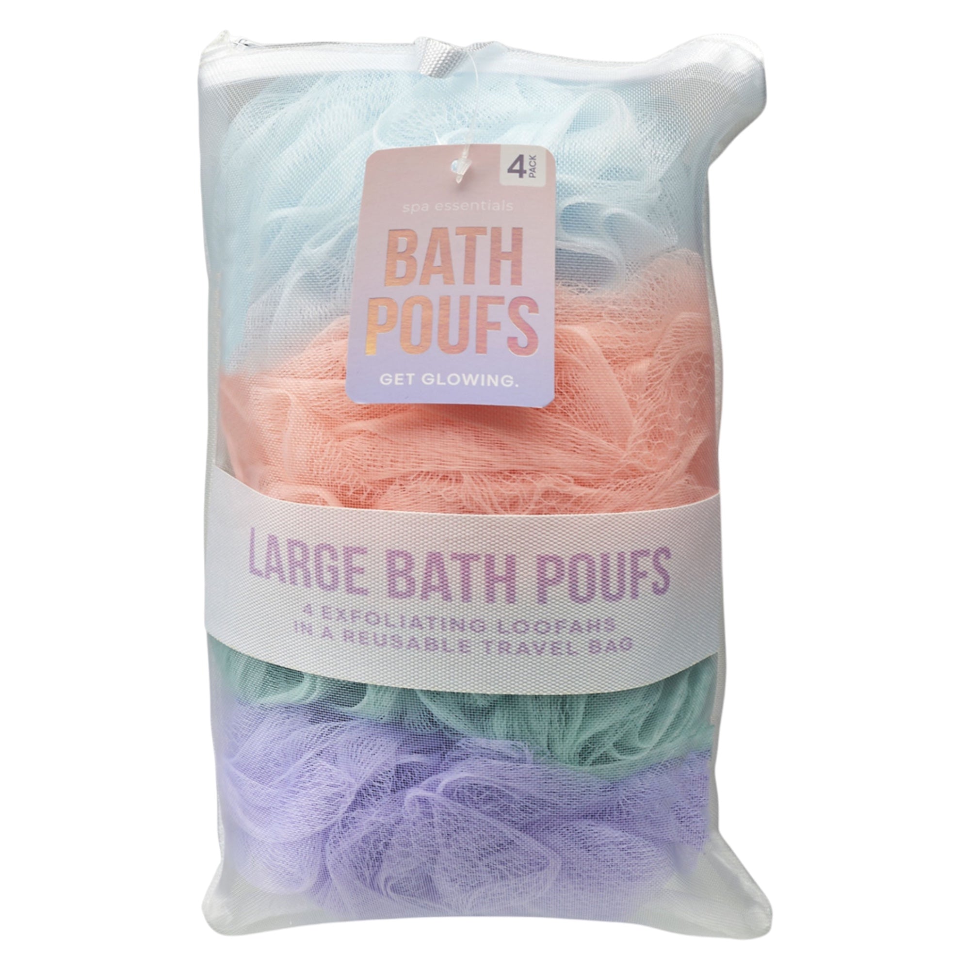 Spa Essentials 4 Pack Bath Loofahs - Shower Poufs with Reusable Travel Bag