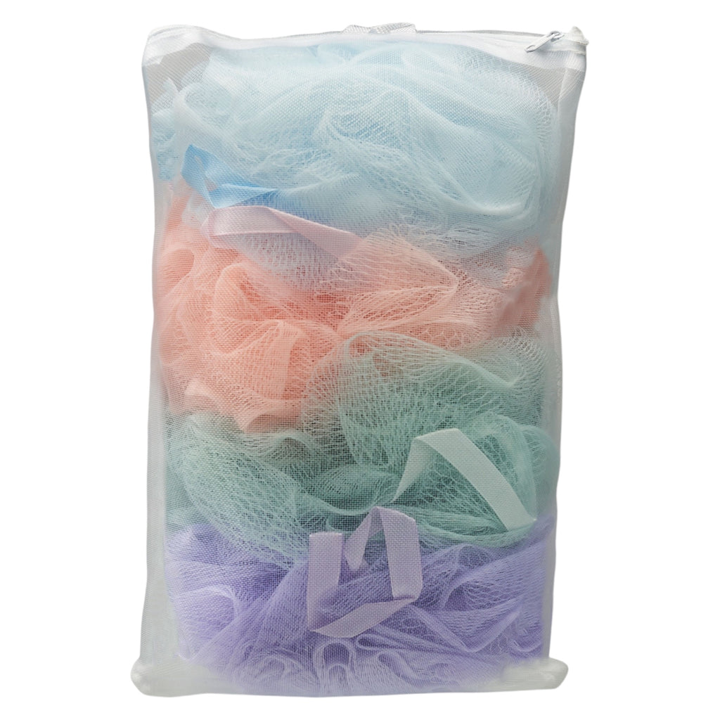 Spa Essentials 4 Pack Bath Loofahs - Shower Poufs with Reusable Travel Bag