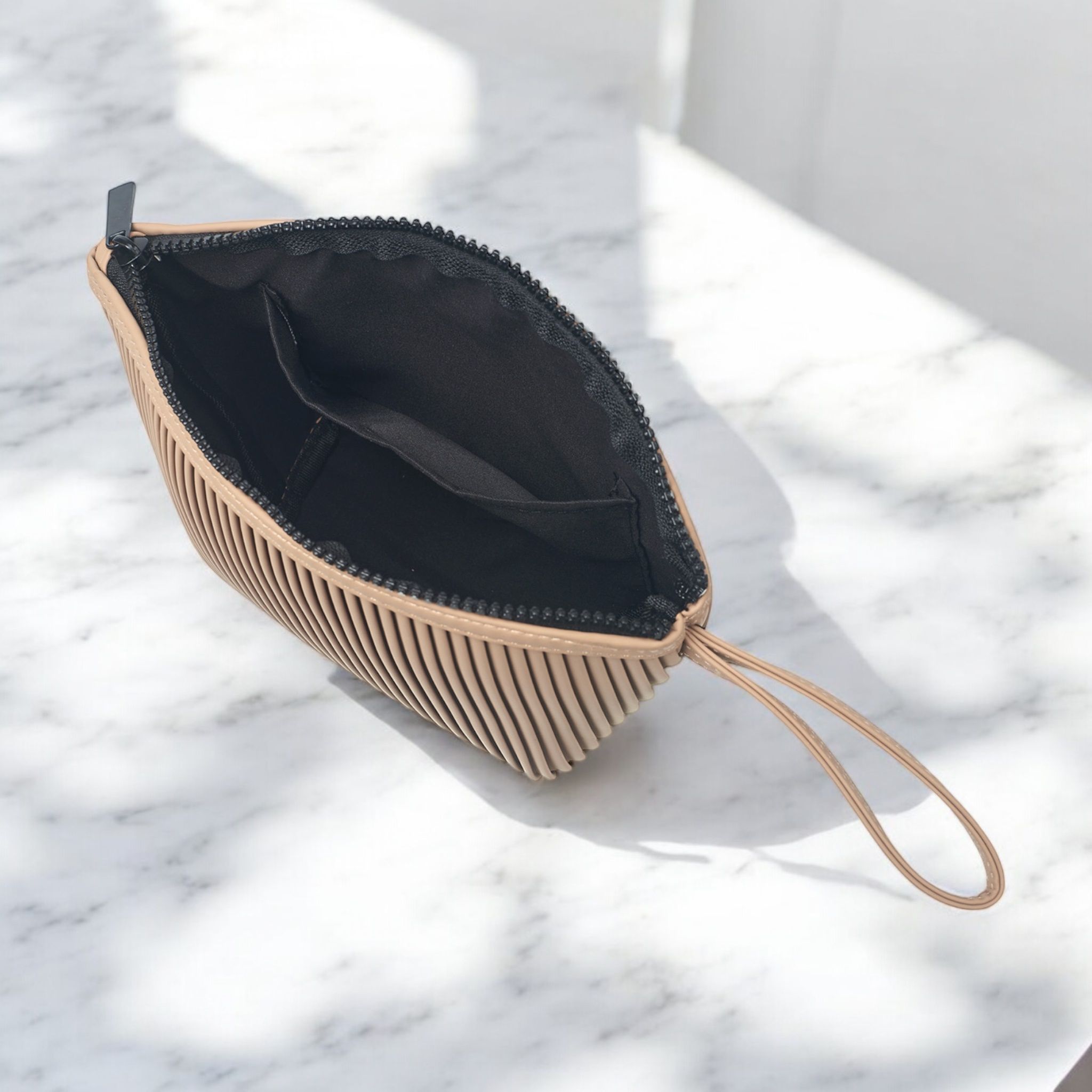French Connection Ribbed Travel Pouch Bag with Wristlet Strap - Tan
