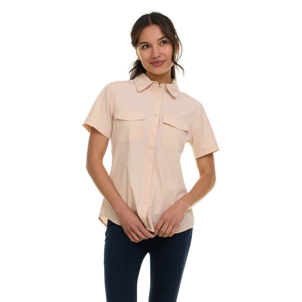 Canada Weather Gear Women's Short Sleeve 4-Pocket Button-Up Shirt – Lightweight Utility Collared Top with Chest, Side Seam Pockets