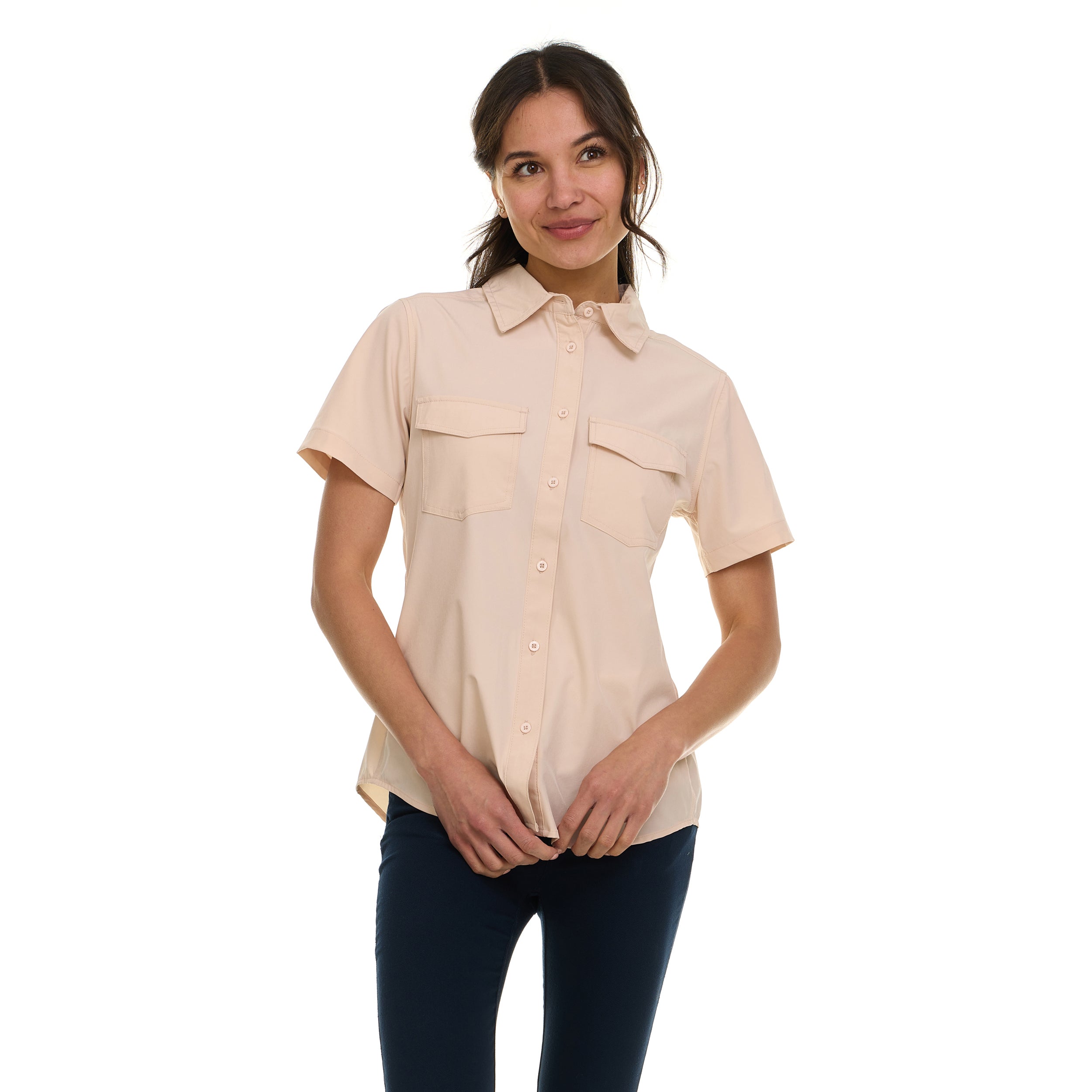 Canada Weather Gear Women's Short Sleeve 4-Pocket Button-Up Shirt – Lightweight Utility Collared Top with Chest, Side Seam Pockets