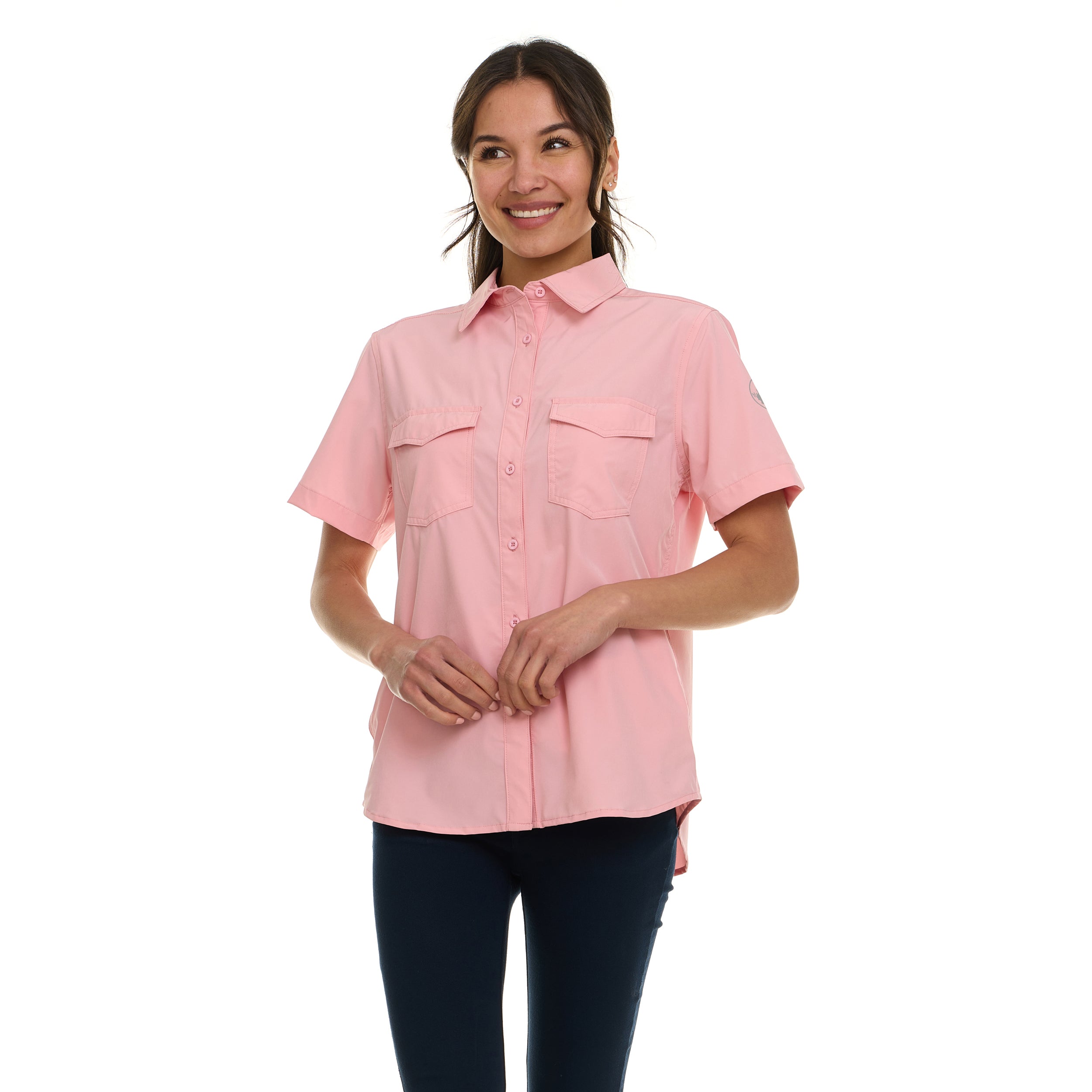Canada Weather Gear Women's Short Sleeve 4-Pocket Button-Up Shirt – Lightweight Utility Collared Top with Chest, Side Seam Pockets