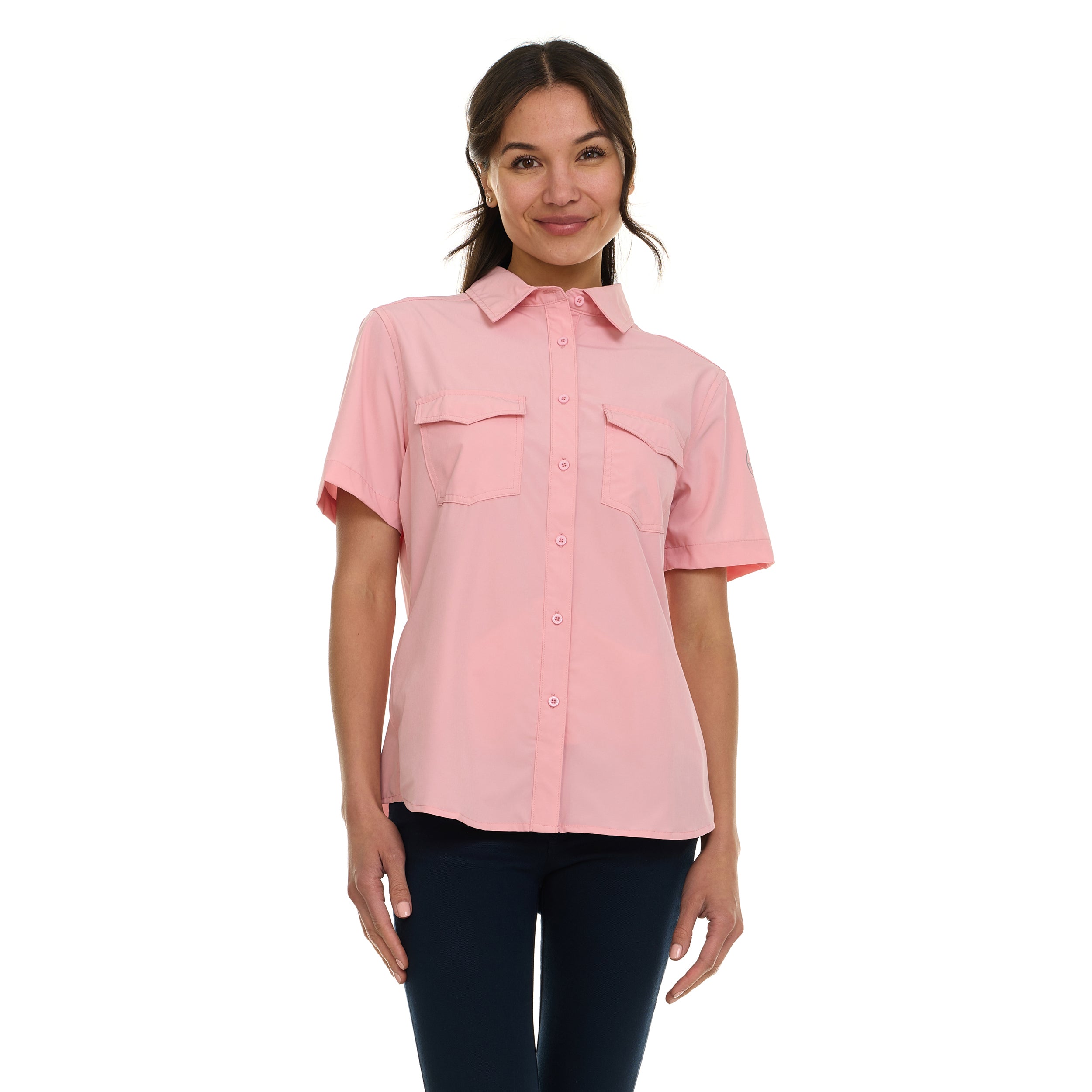 Canada Weather Gear Women's Short Sleeve 4-Pocket Button-Up Shirt – Lightweight Utility Collared Top with Chest, Side Seam Pockets
