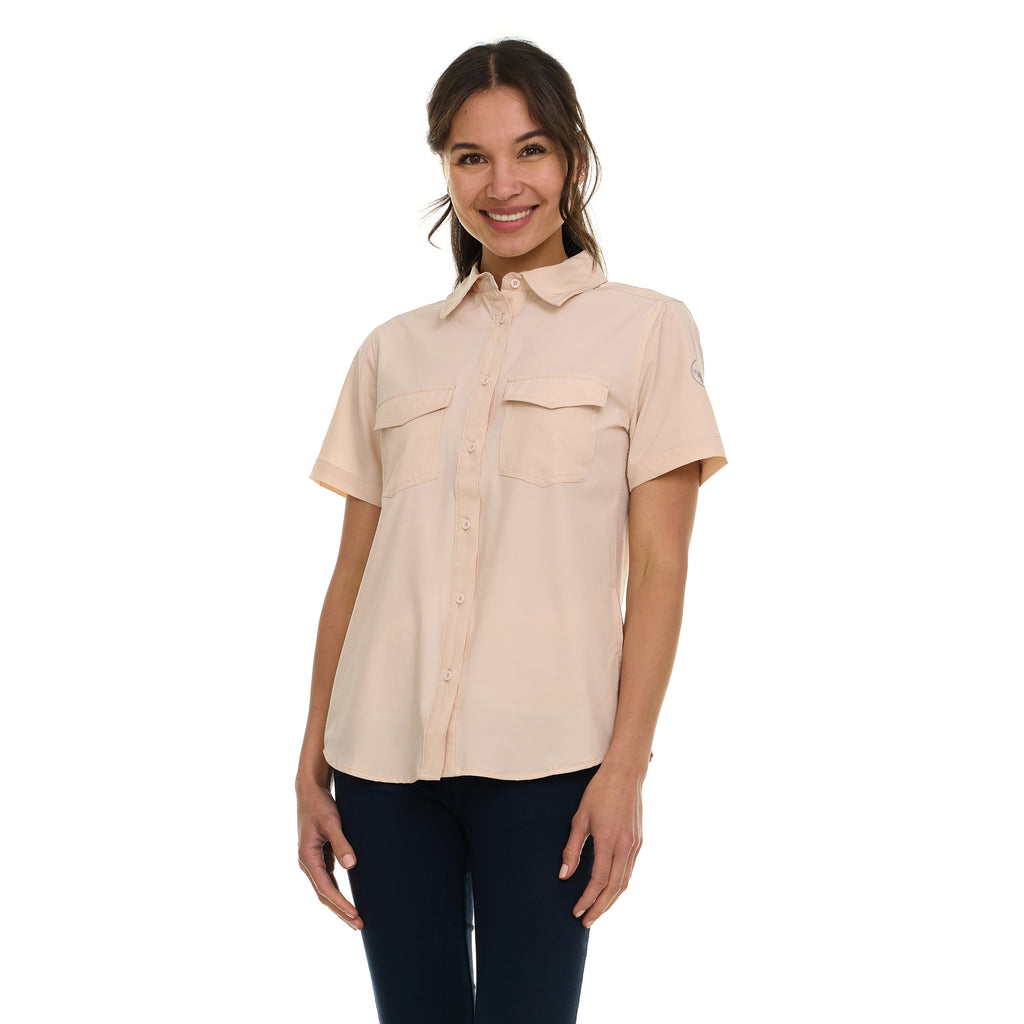 Canada Weather Gear Women's Short Sleeve 4-Pocket Button-Up Shirt – Lightweight Utility Collared Top with Chest, Side Seam Pockets