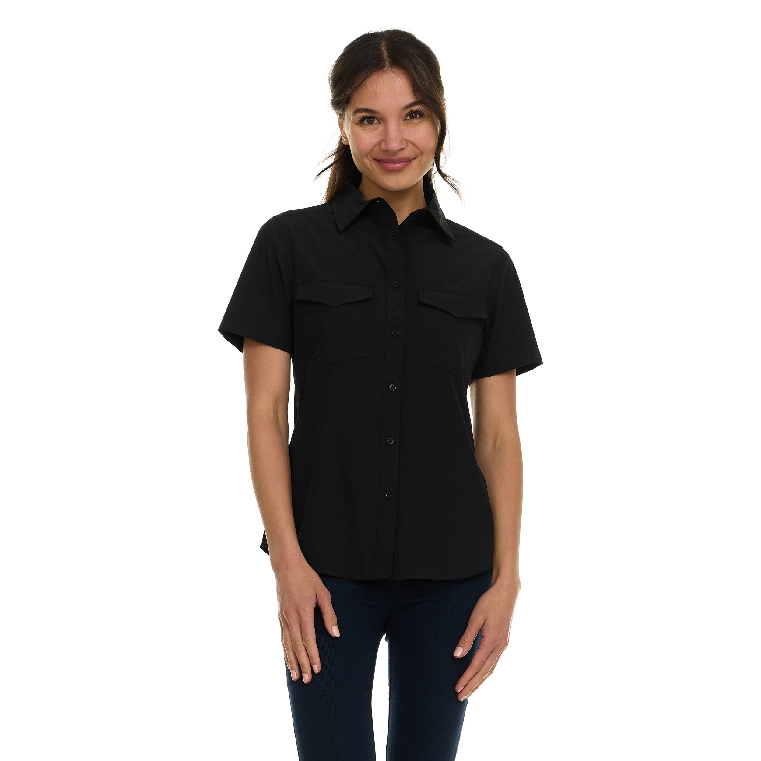 Canada Weather Gear Women's Short Sleeve 4-Pocket Button-Up Shirt – Lightweight Utility Collared Top with Chest, Side Seam Pockets