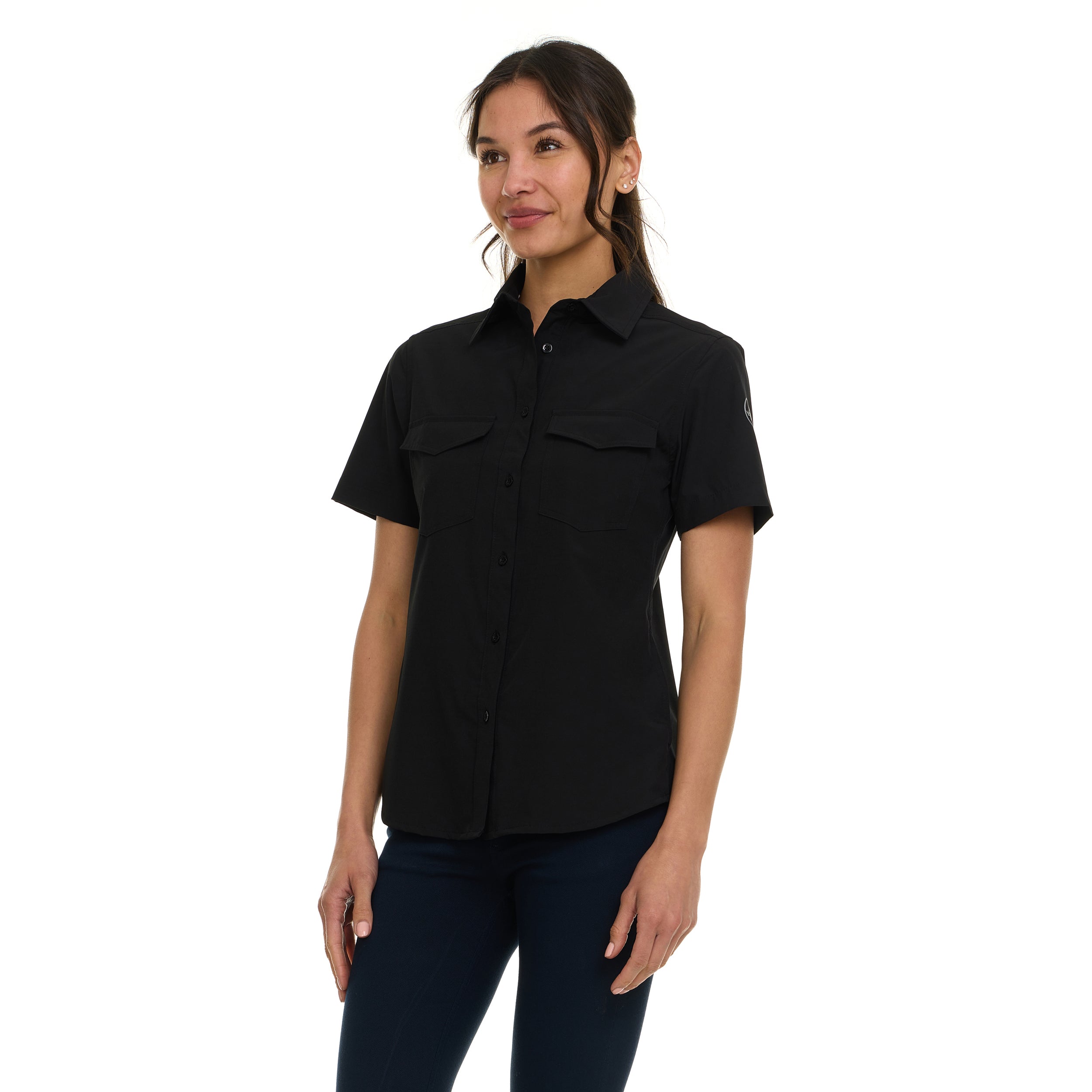 Canada Weather Gear Women's Short Sleeve 4-Pocket Button-Up Shirt – Lightweight Utility Collared Top with Chest, Side Seam Pockets
